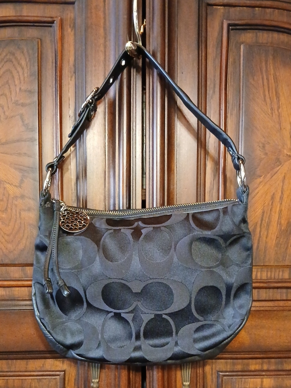 Coach Black Signature Jacquard Shoulder Bag with Gold Charm